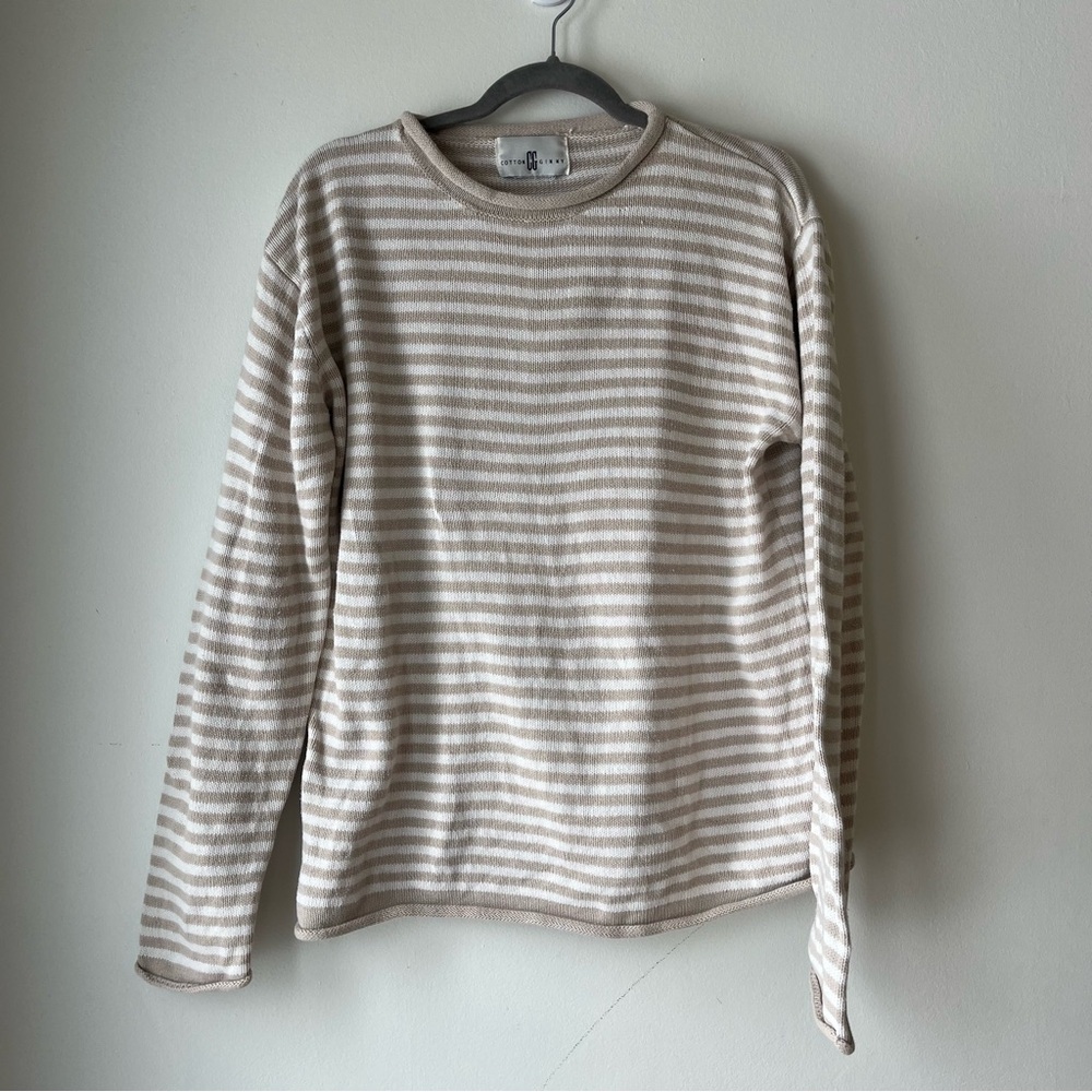 Cotton Ginny Striped Sweater Womens Medium Beige White Knit Pullover Casual